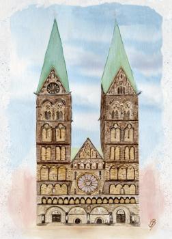 Poster DIN-A3 Aquarell Maritim Kunst Druck Kunstdruck Bremen Bremer Dom Souvenir Souvenirs